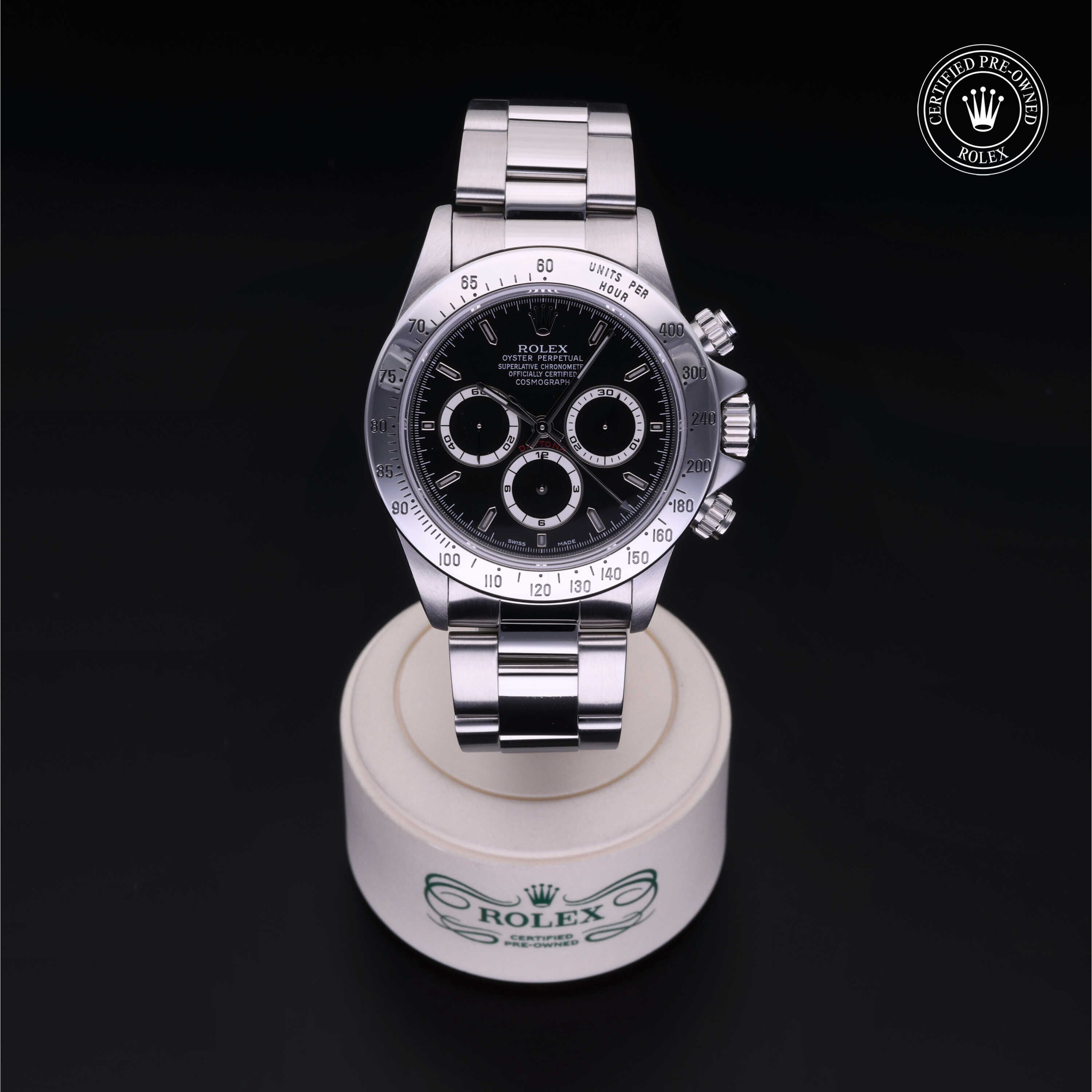 Rolex Certified Pre-owned Daytona M16520-0002 front on black background