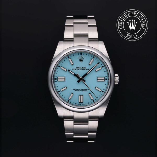 Rolex Certified Pre-owned Oyster Perpetual M124300-0006 front on black background
