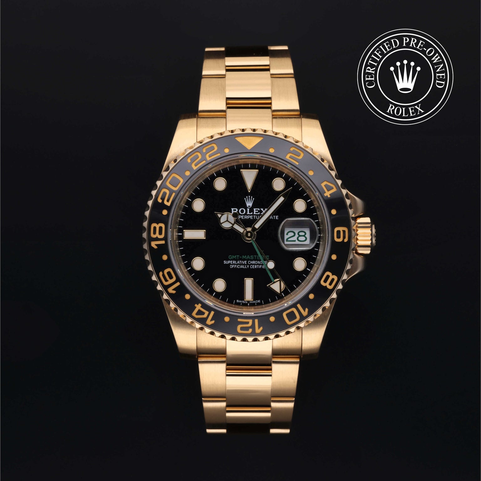 Rolex Certified Pre-owned GMT II M116718LN-0002 front on black background