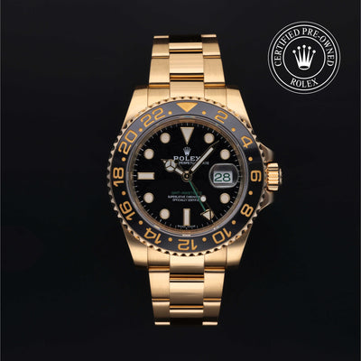 Rolex Certified Pre-owned GMT II M116718LN-0002 front on black background