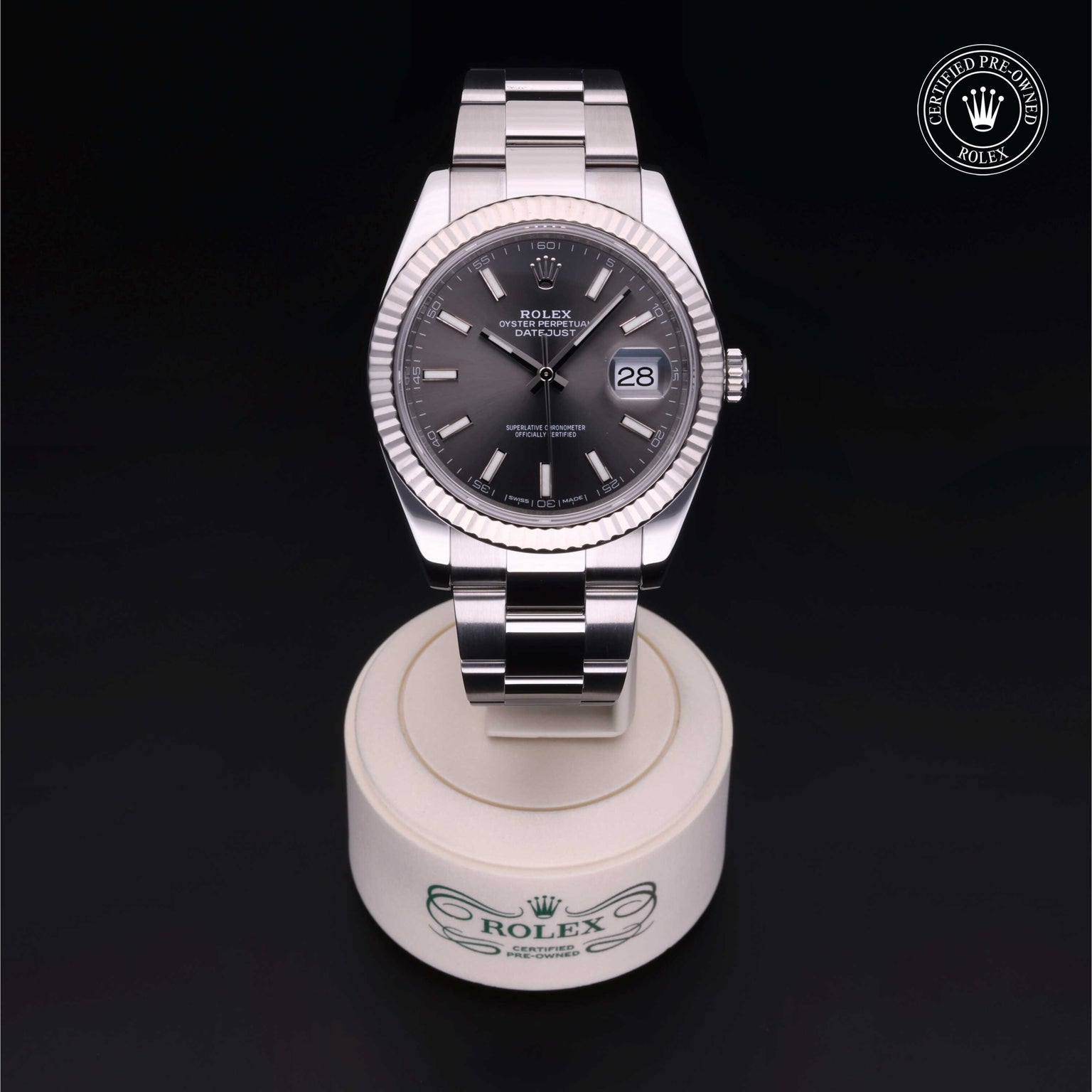 Rolex Certified Pre-owned Datejust M126334-0017 front on black background