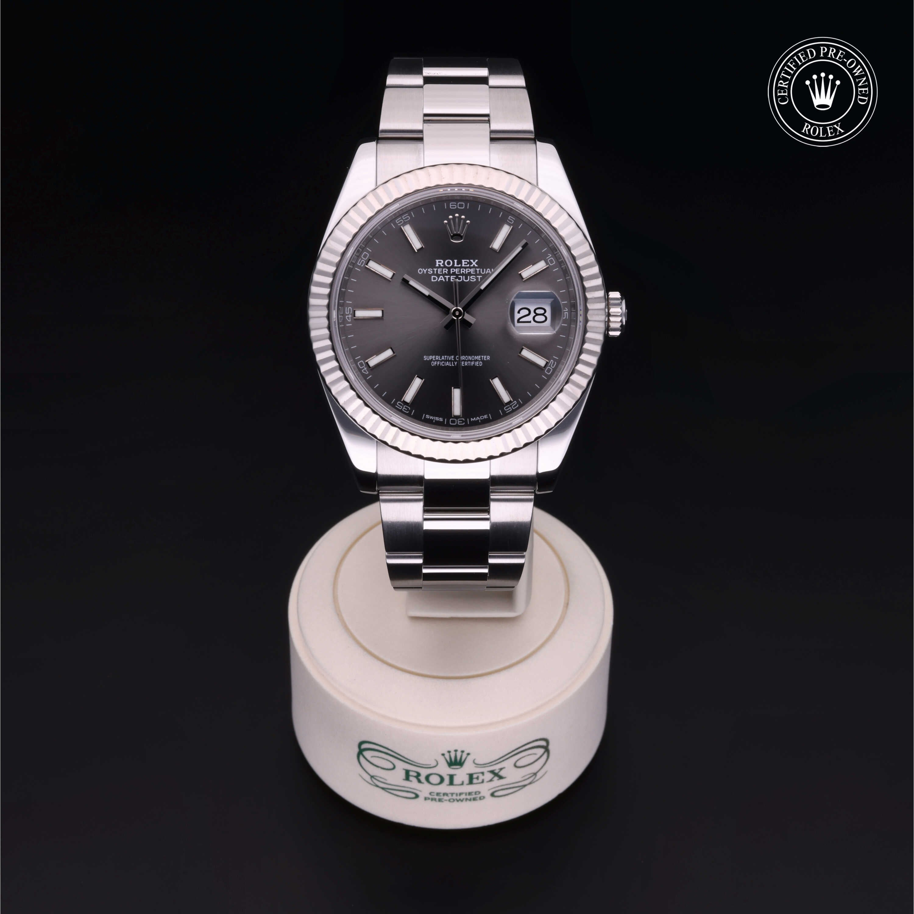 Rolex Certified Pre-owned Datejust M126334-0017 front on black background