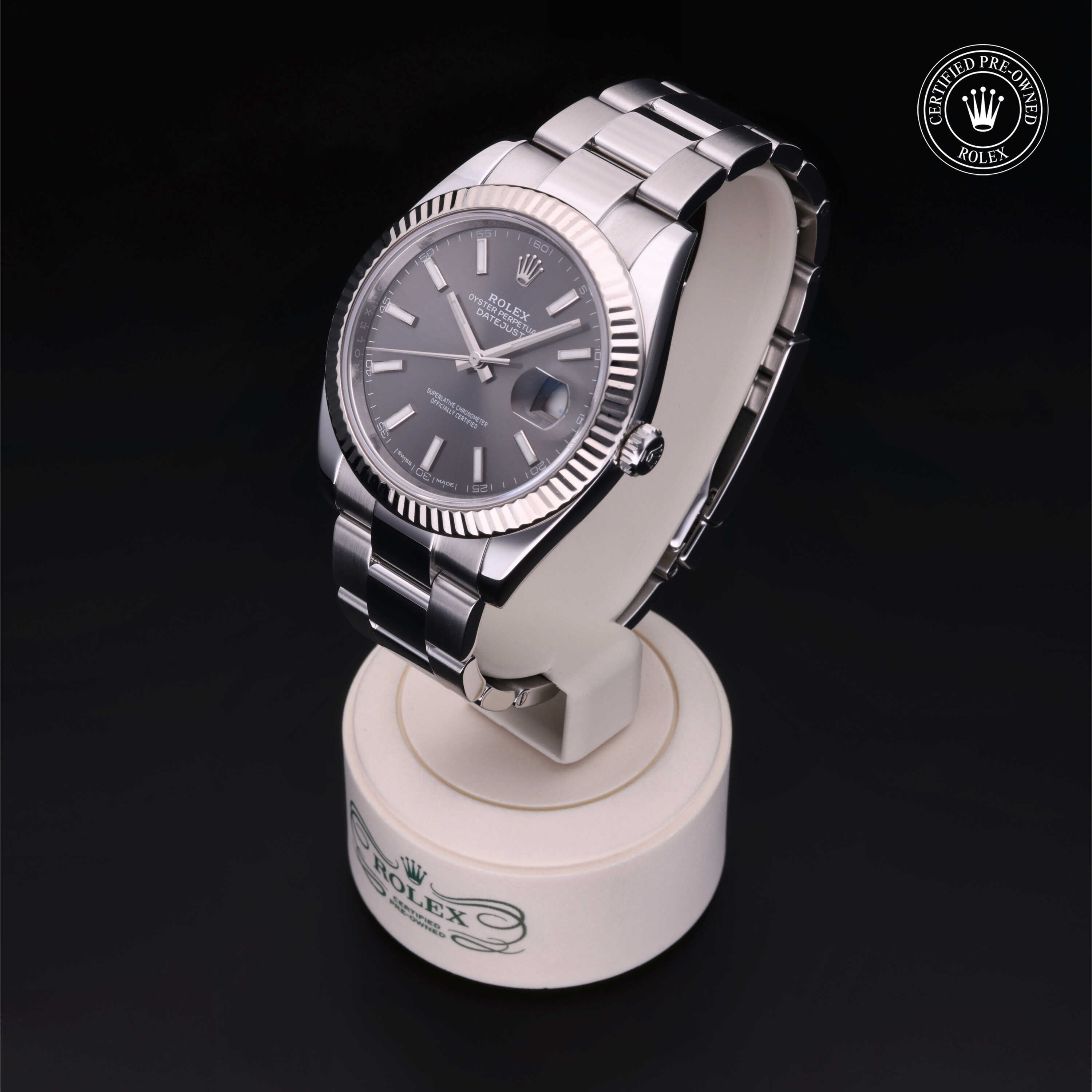 Rolex Certified Pre-owned Datejust M126334-0017 front on black background