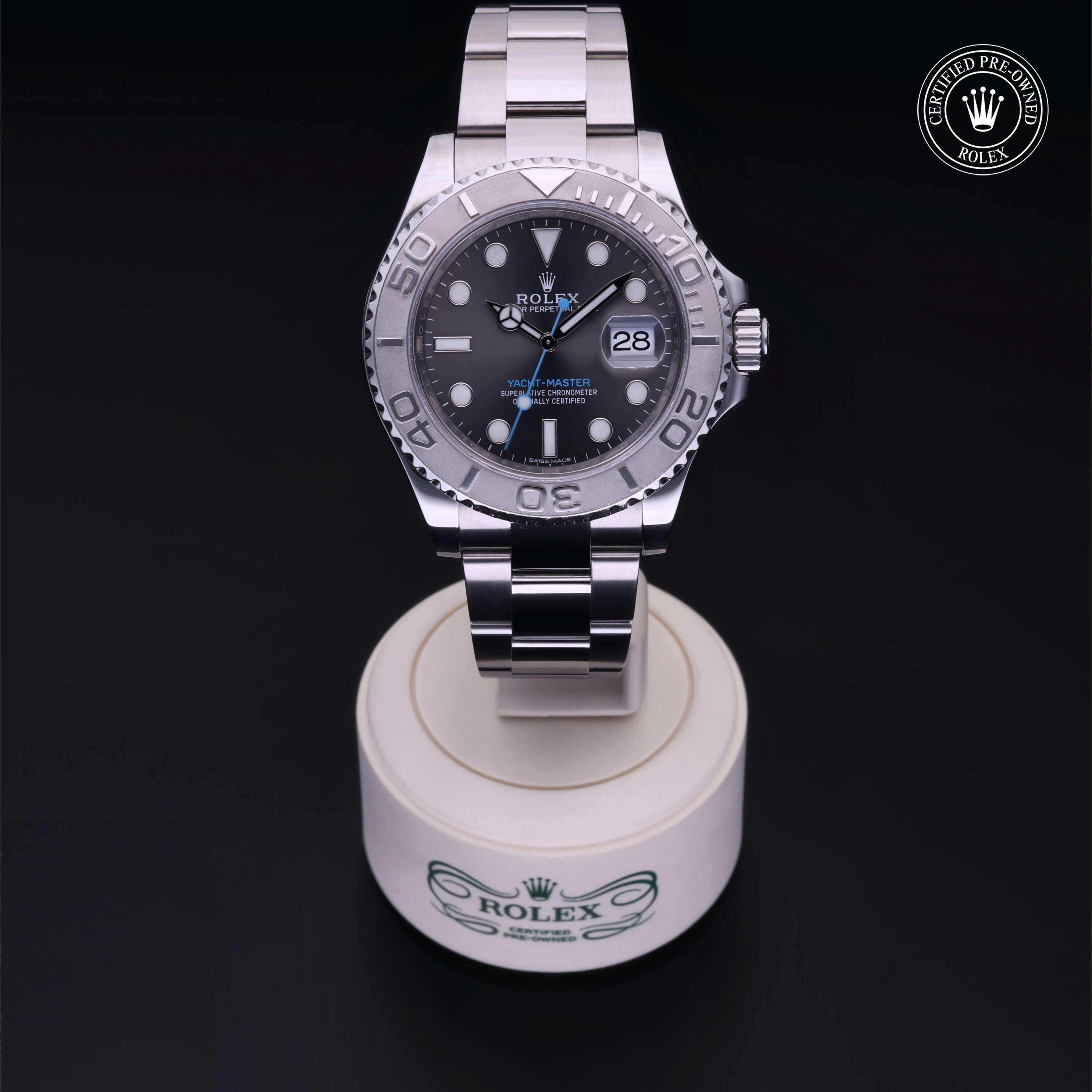 Rolex Certified Pre-owned Yacht-Master M116622-0003 front on black background