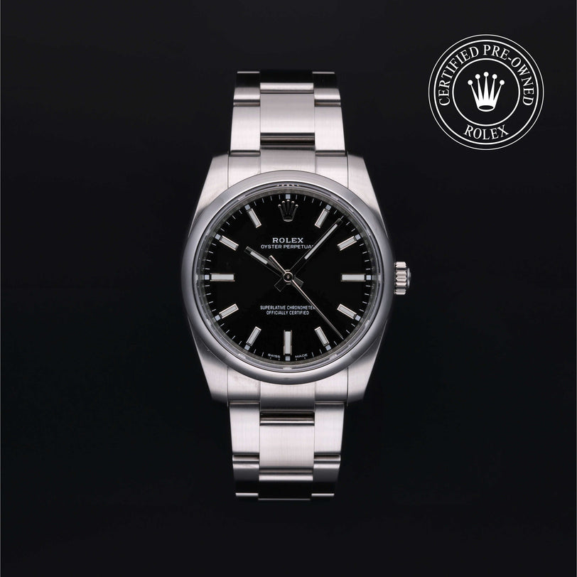 Rolex Certified Pre-owned Oyster Perpetual M114200-0023 front on black background