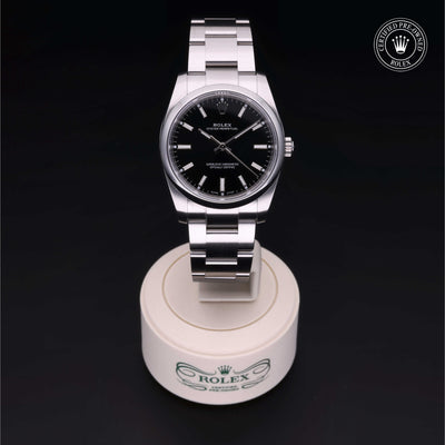 Rolex Certified Pre-owned Oyster Perpetual M114200-0023 front on black background