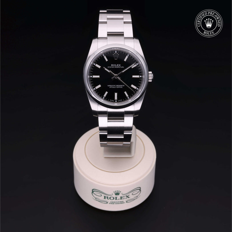 Rolex Certified Pre-owned Oyster Perpetual M114200-0023 front on black background