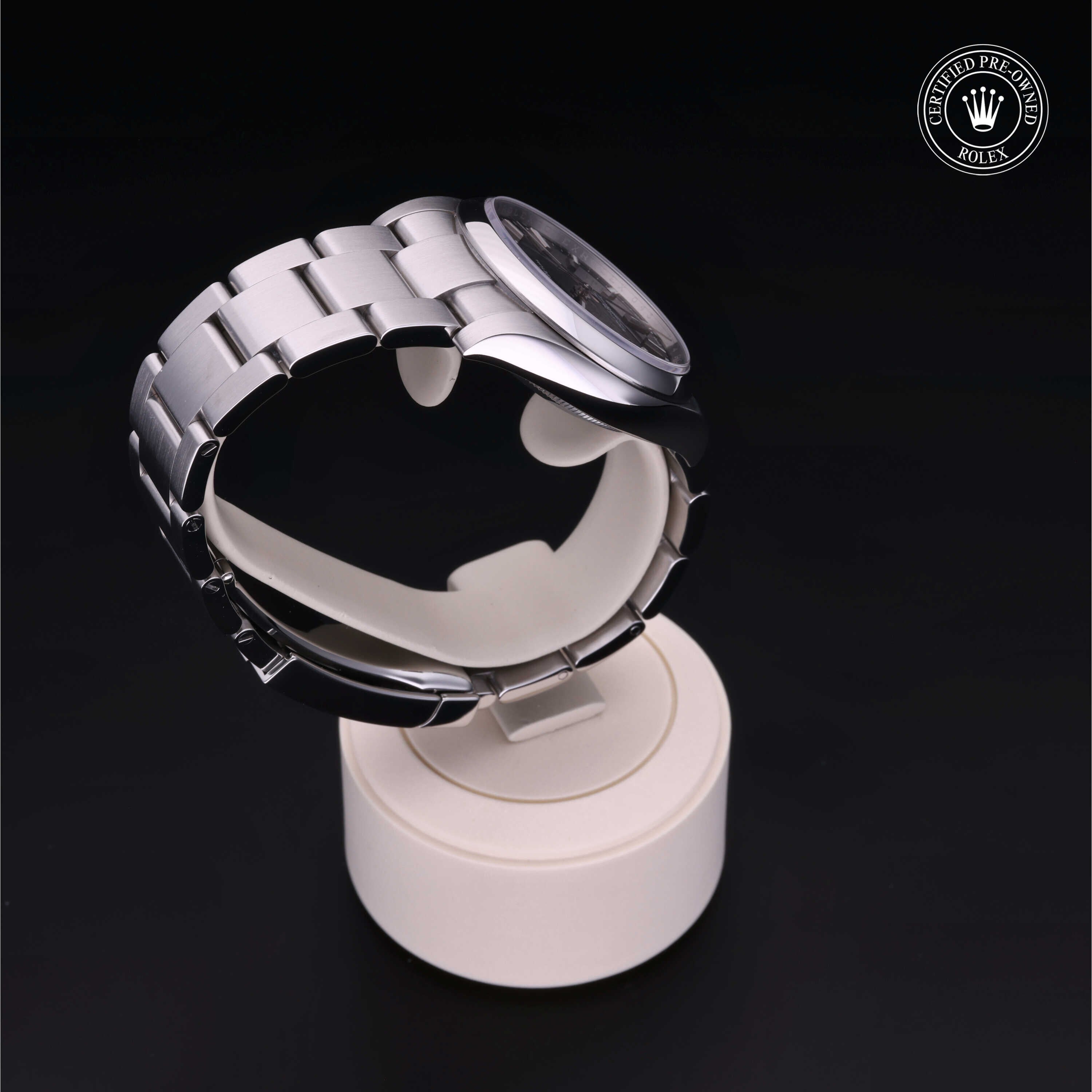 Rolex Certified Pre-owned Oyster Perpetual M114200-0023 front on black background