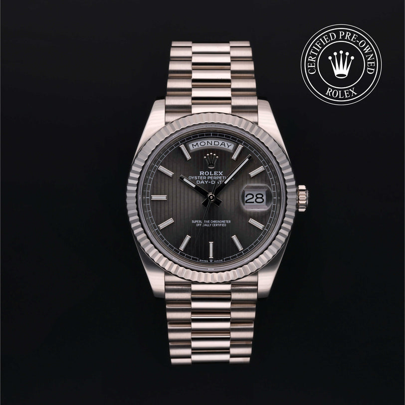 Rolex Certified Pre-owned Day-date M228239-0002 front on black background