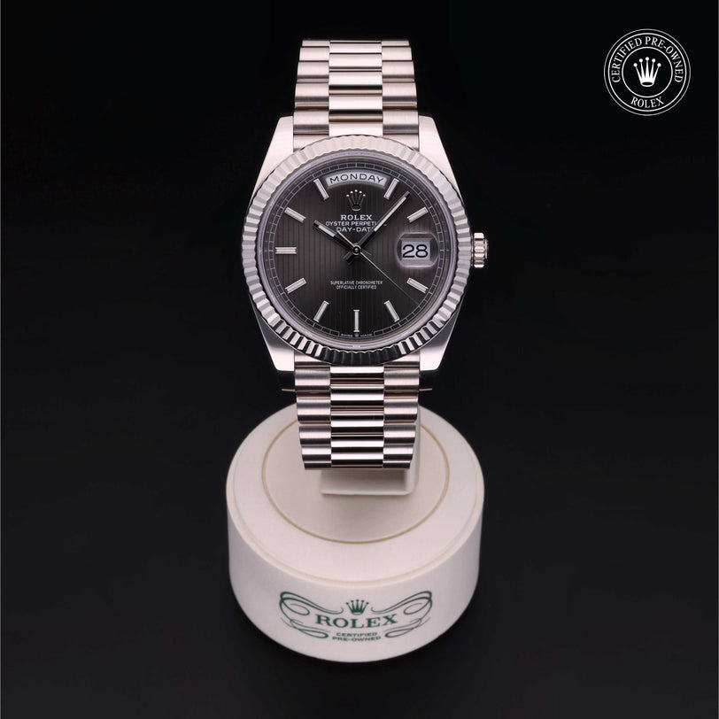 Rolex Certified Pre-owned Day-date M228239-0002 front on black background