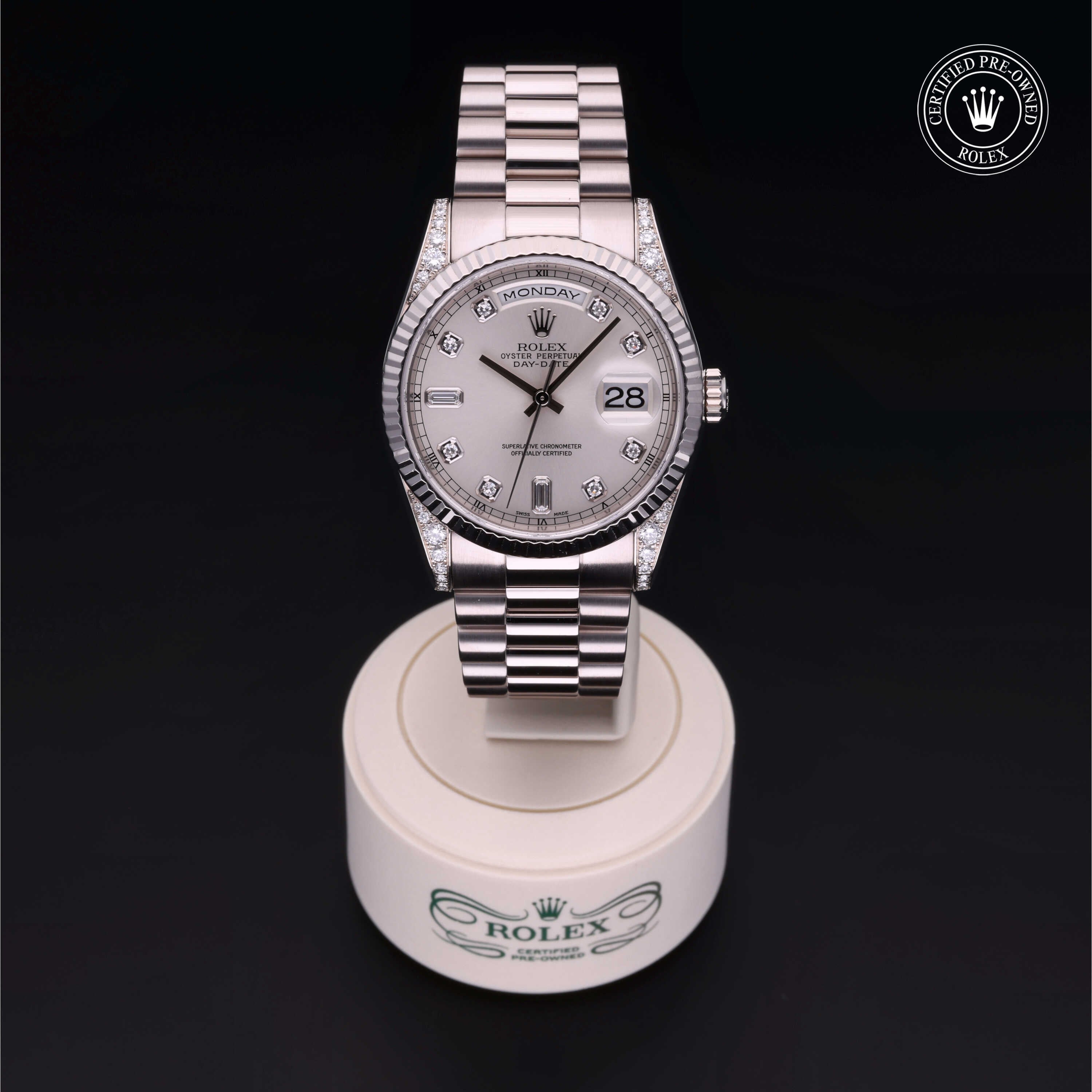 Rolex Certified Pre-owned Day-date M118339-0020 front on black background