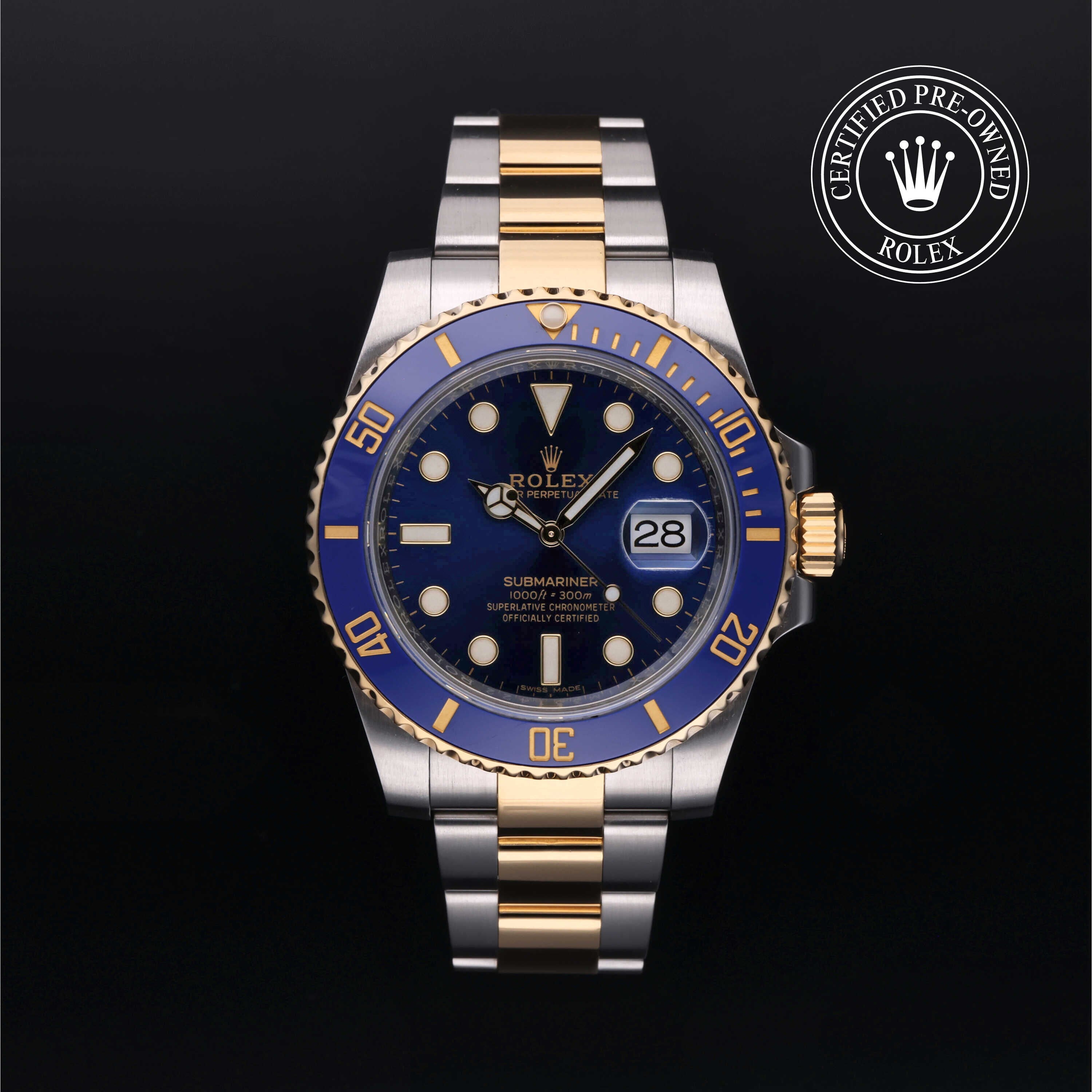 Rolex Certified Pre-owned Submariner Date M116613LB-0005 front on black background
