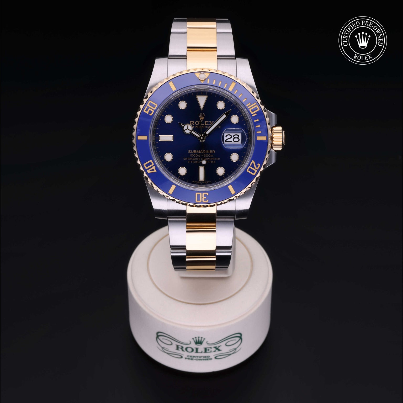 Rolex Certified Pre-owned Submariner Date M116613LB-0005 front on black background