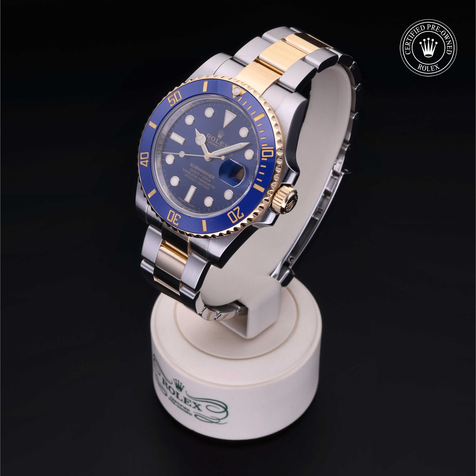 Rolex Certified Pre-owned Submariner Date M116613LB-0005 front on black background