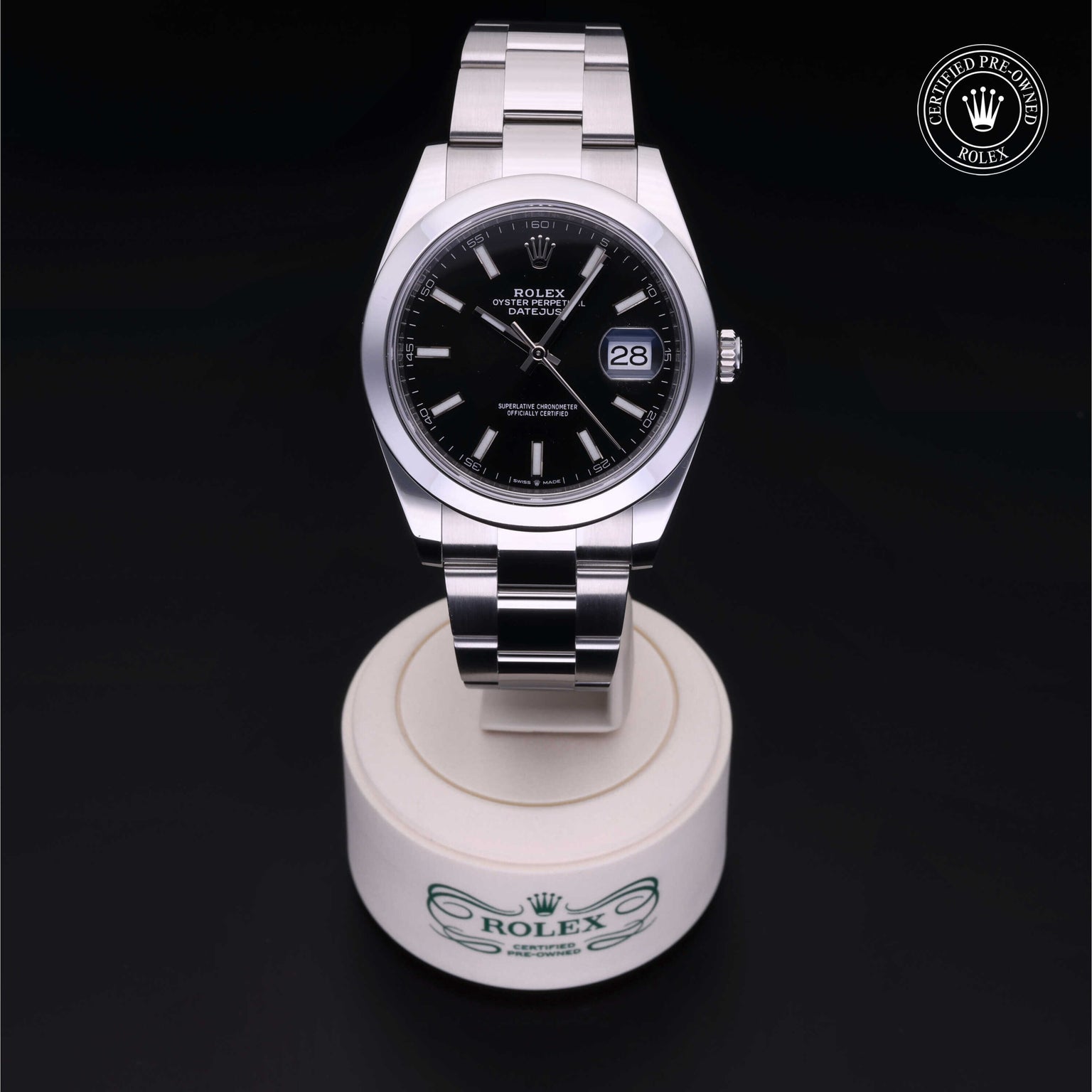 Rolex Certified Pre-owned Datejust M126300-0011 front on black background