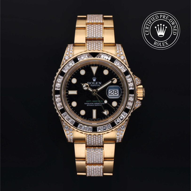 Rolex Certified Pre-owned GMT II M116758SANR-0002 front on black background