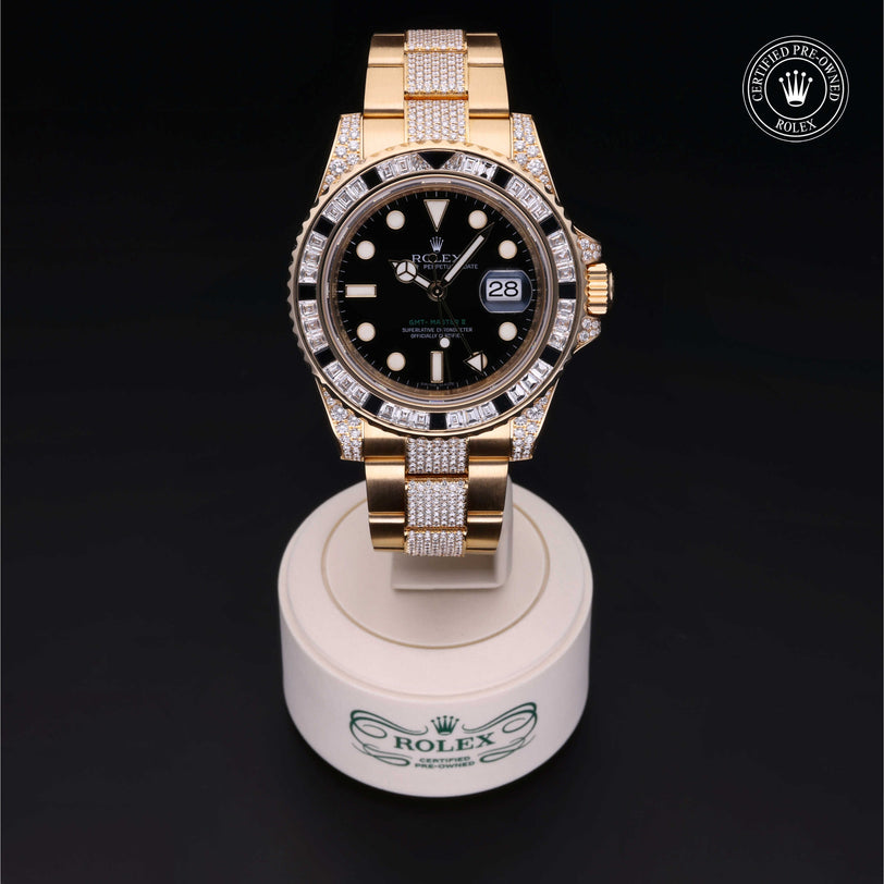 Rolex Certified Pre-owned GMT II M116758SANR-0002 front on black background
