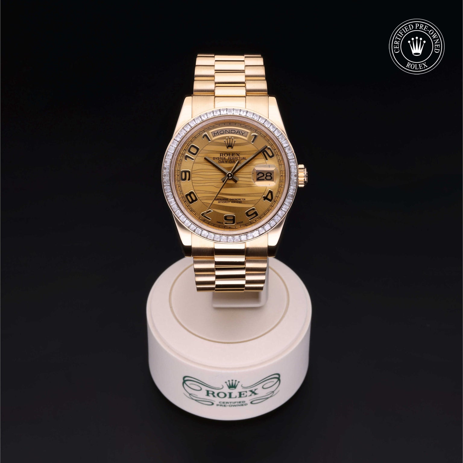 Rolex Certified Pre-owned Day-date M118398BR-0029 front on black background