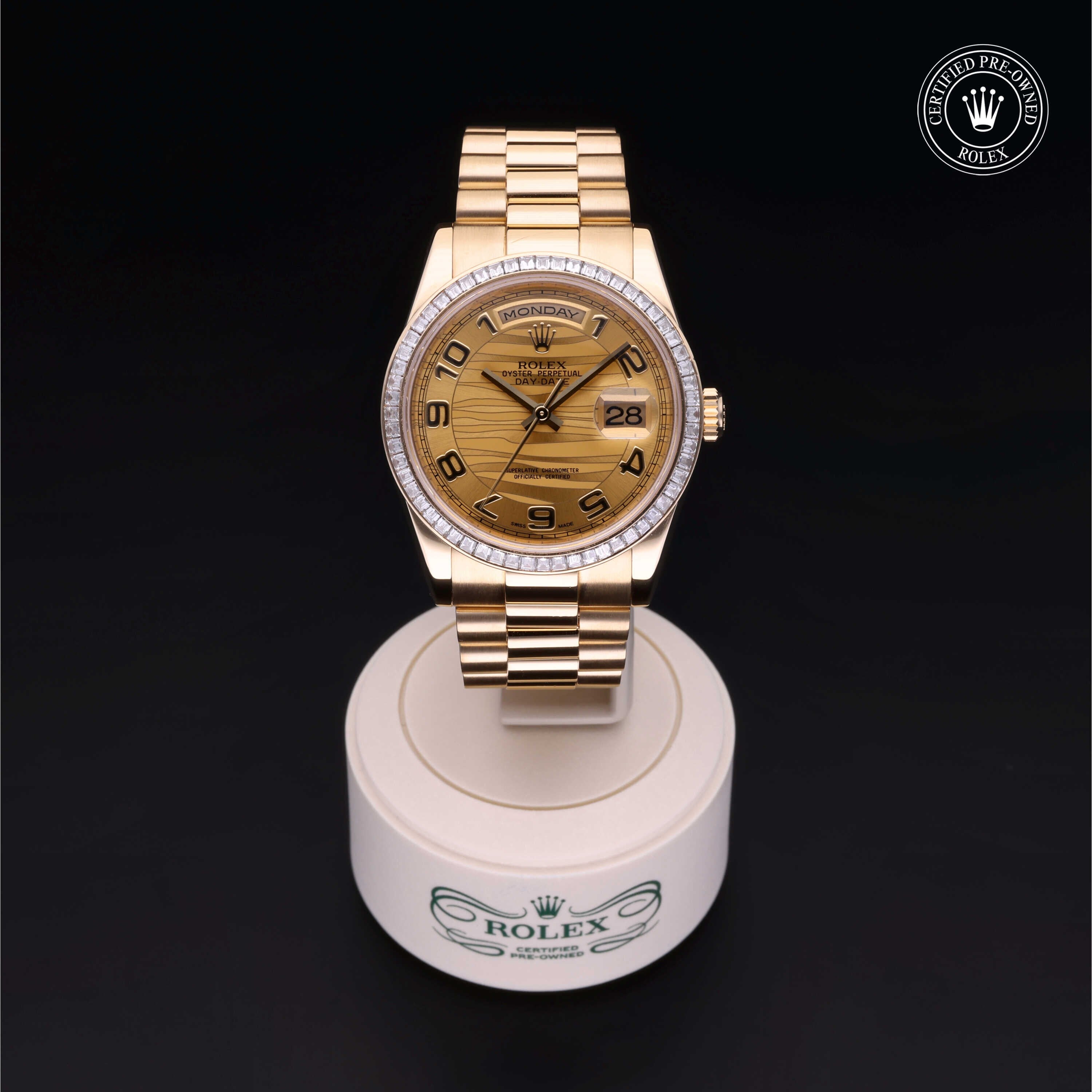 Rolex Certified Pre-owned Day-date M118398BR-0029 front on black background