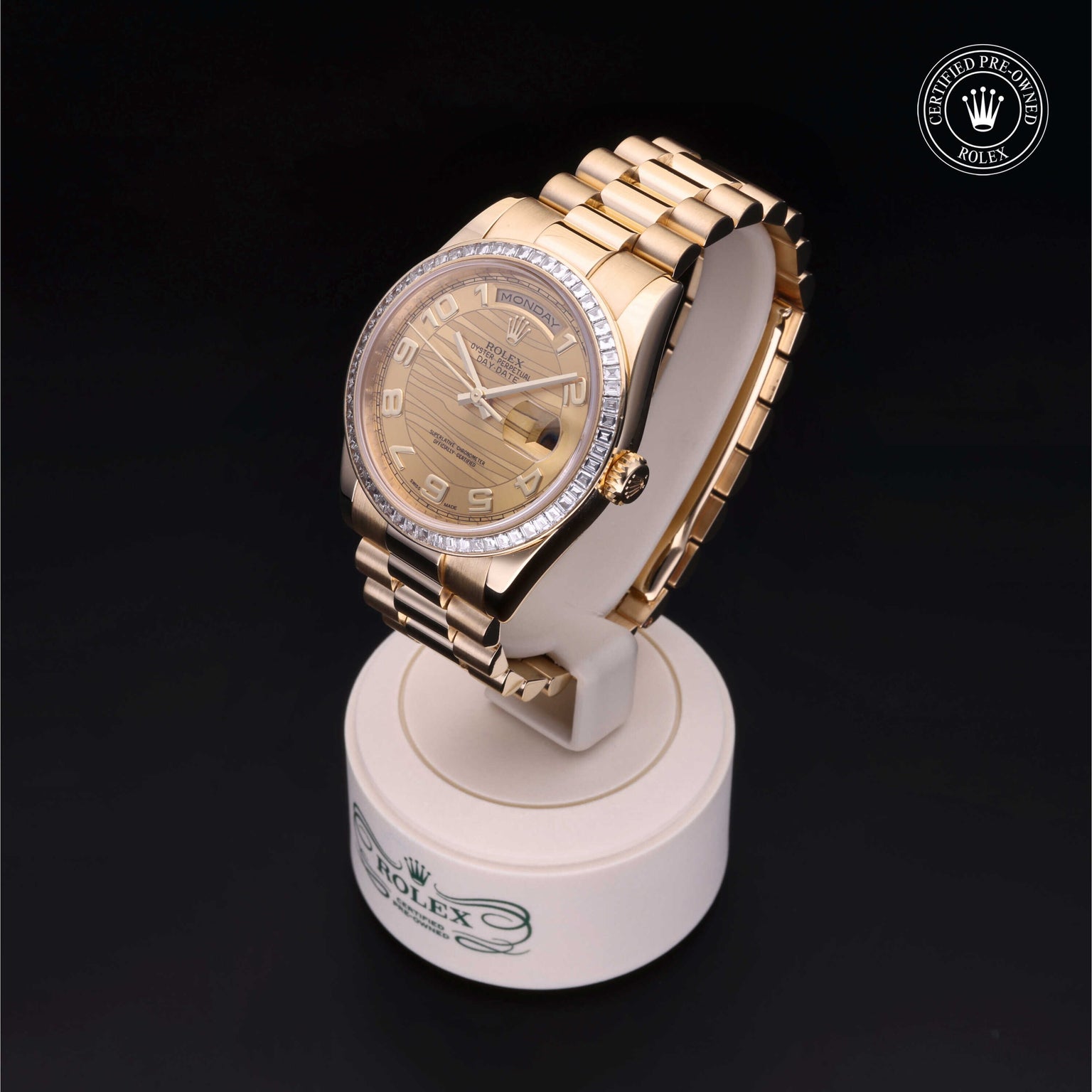 Rolex Certified Pre-owned Day-date M118398BR-0029 front on black background