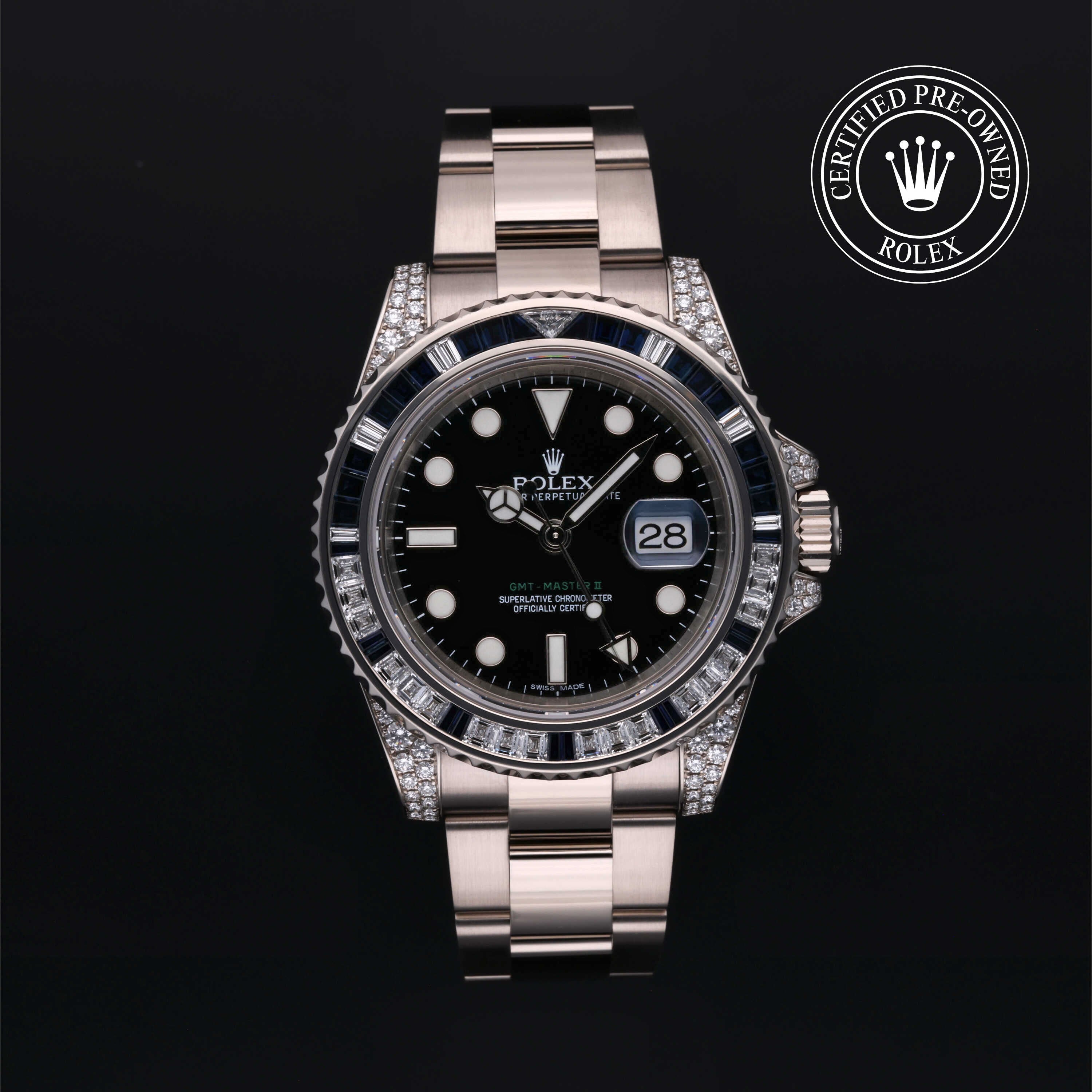Rolex Certified Pre-owned GMT II M116759SA-0001 front on black background