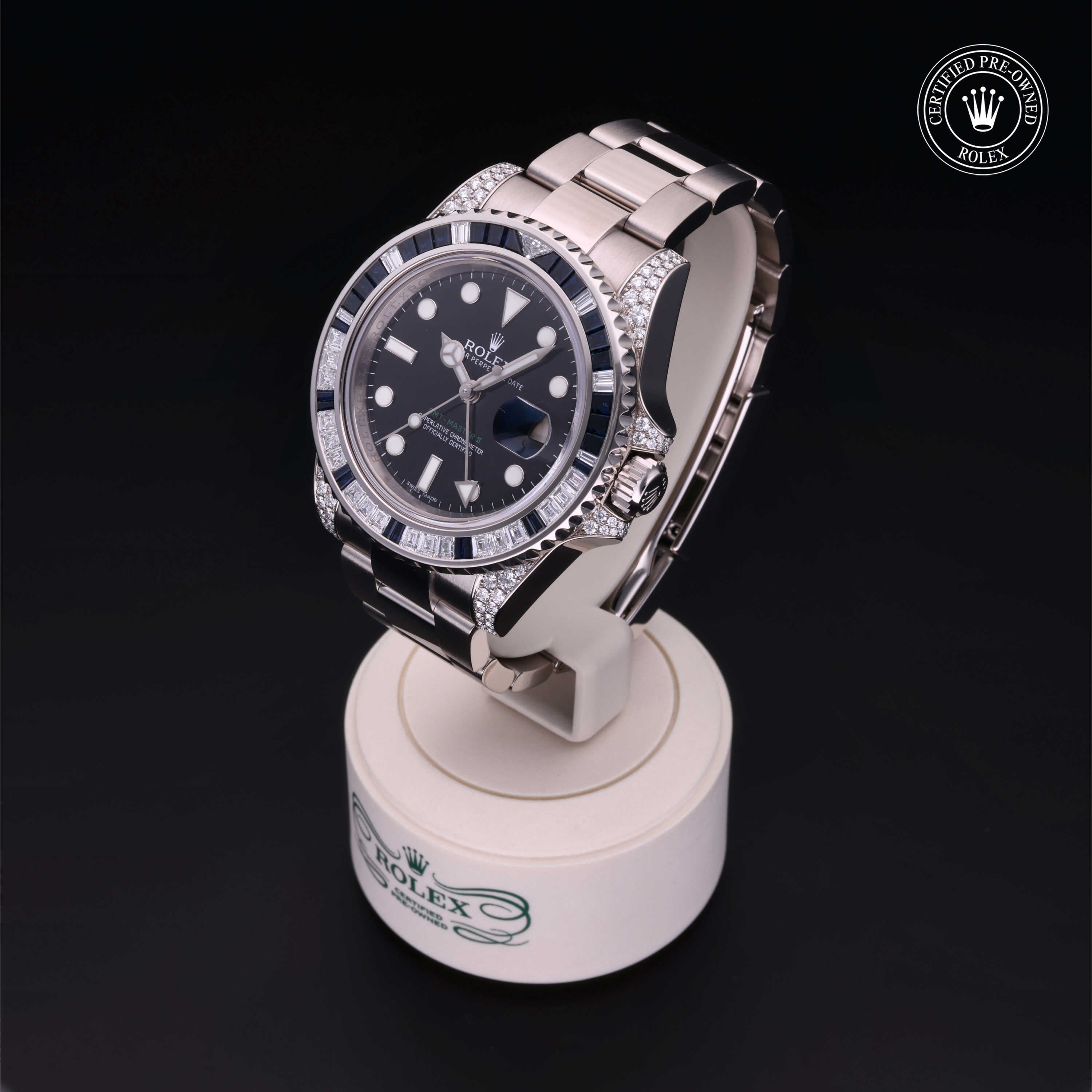 Rolex Certified Pre-owned GMT II M116759SA-0001 front on black background