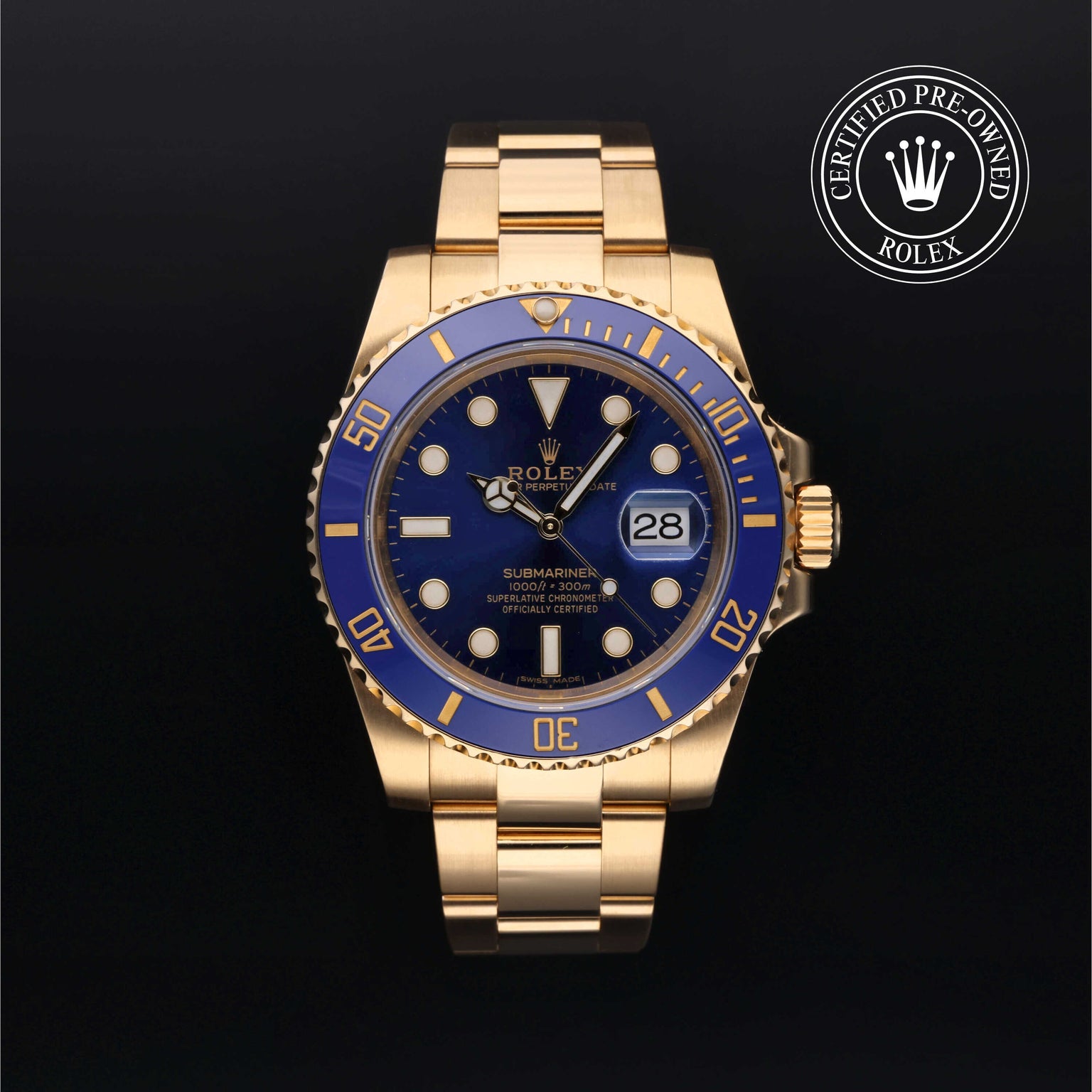 Rolex Certified Pre-owned Submariner Date M116618LB-0003 front on black background