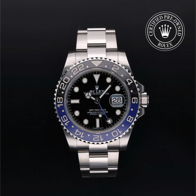 Rolex Certified Pre-owned GMT M116710BLNR-0002 front on black background