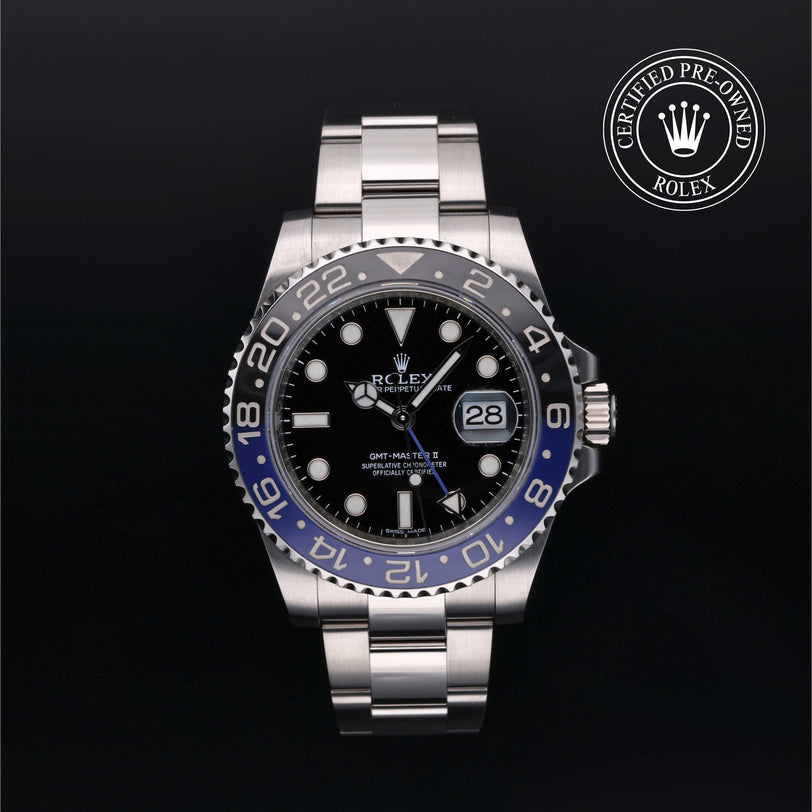 Rolex Certified Pre-owned GMT M116710BLNR-0002 front on black background