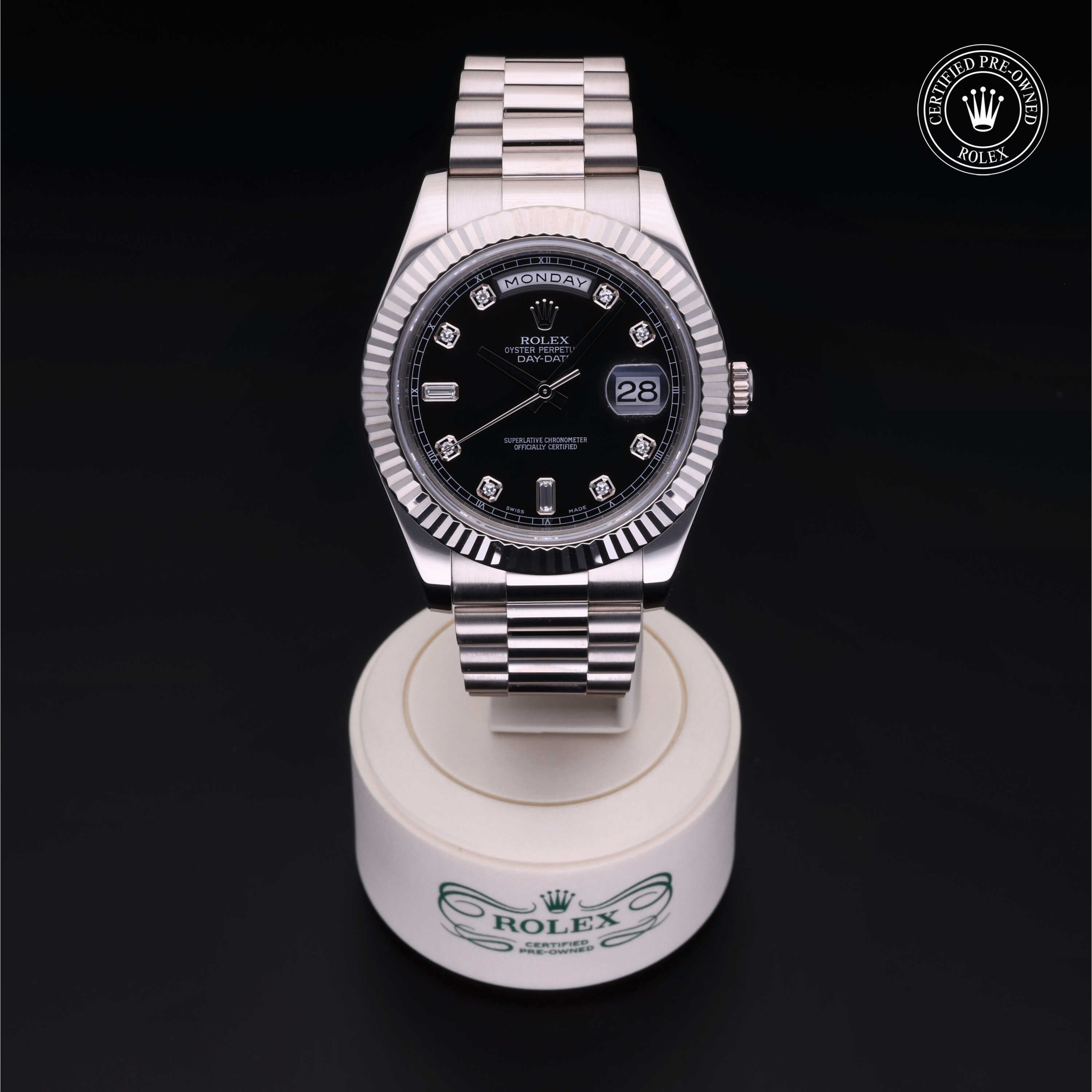 Rolex Certified Pre-owned Day-date M218239-0008 front on black background