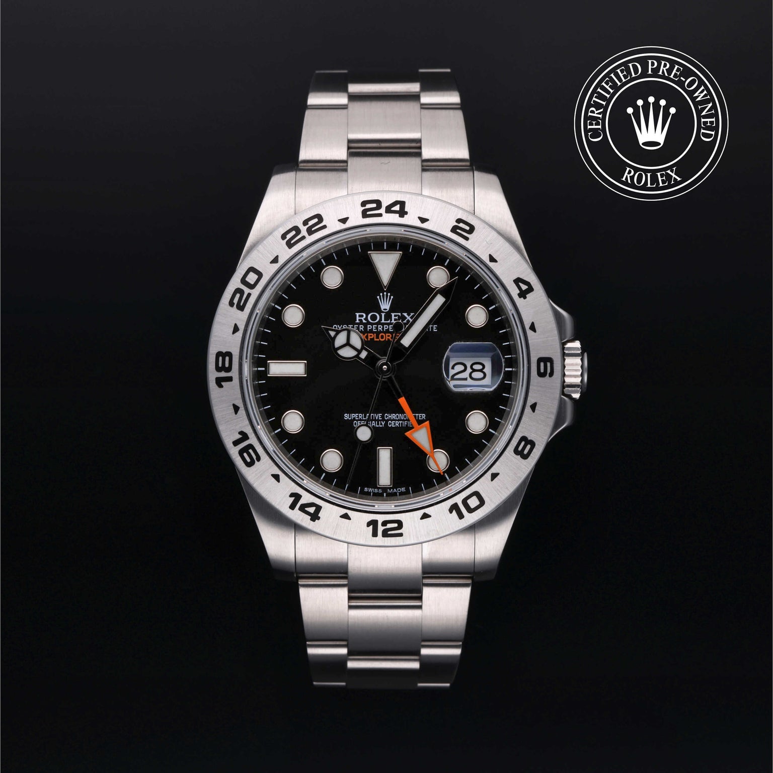 Rolex Certified Pre-owned Explorer II M216570-0002 front on black background