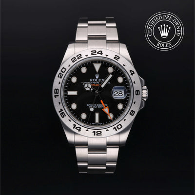 Rolex Certified Pre-owned Explorer II M216570-0002 front on black background