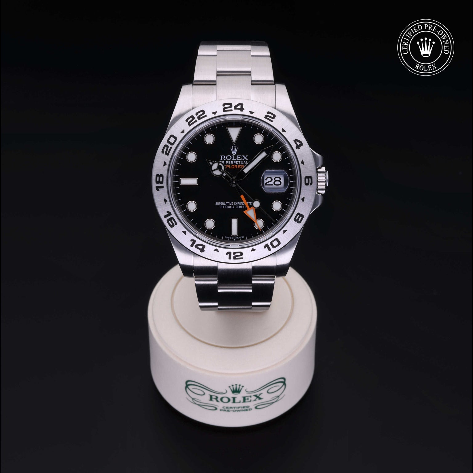 Rolex Certified Pre-owned Explorer II M216570-0002 front on black background