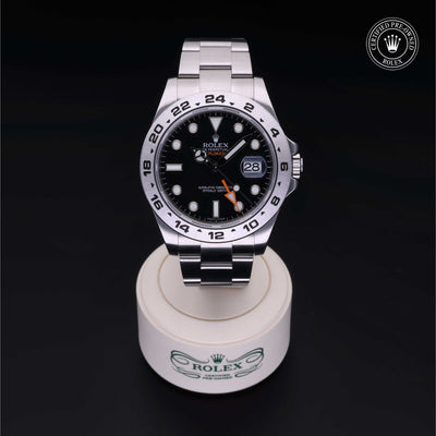 Rolex Certified Pre-owned Explorer II M216570-0002 front on black background