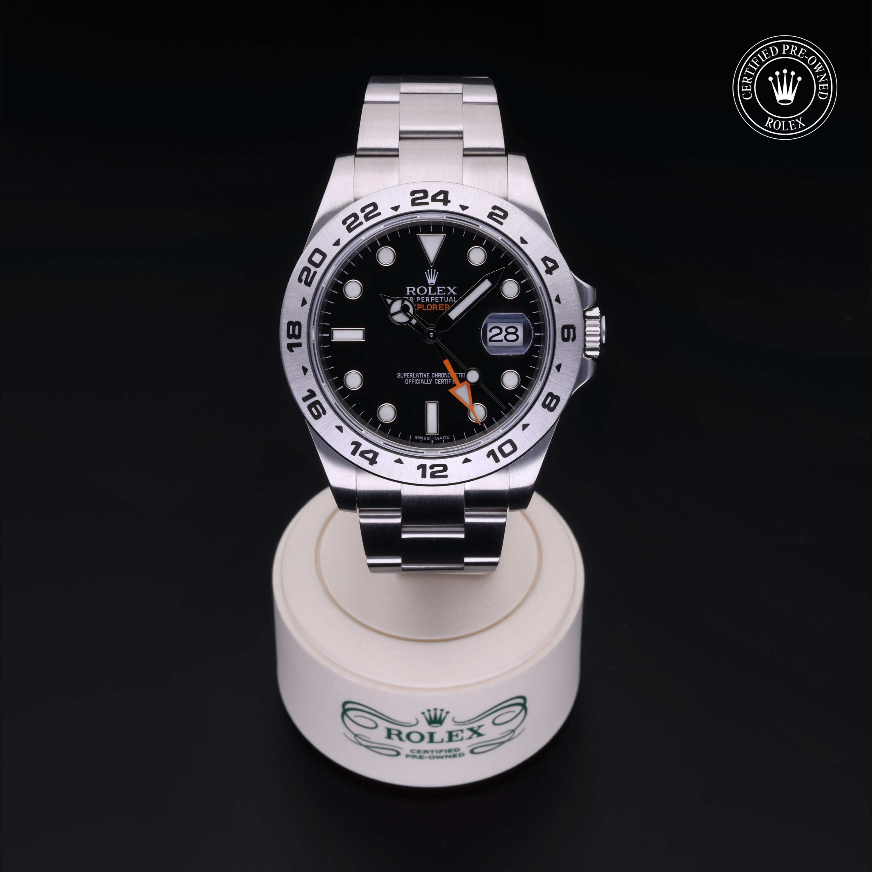 Rolex Certified Pre-owned Explorer II M216570-0002 front on black background