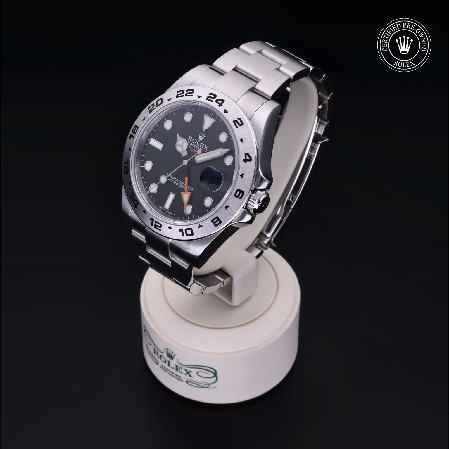 Rolex Certified Pre-owned Explorer II M216570-0002 front on black background