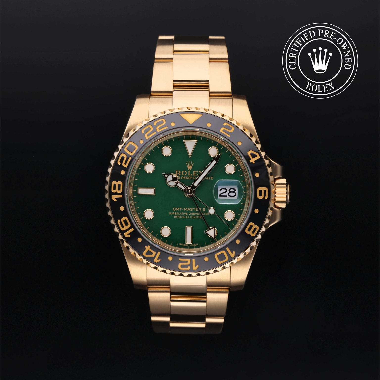 Rolex Certified Pre-owned GMT II M116718LN-0002 front on black background