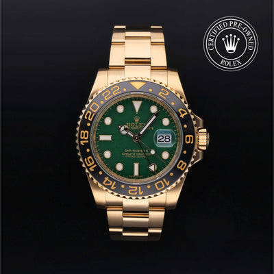 Rolex Certified Pre-owned GMT II M116718LN-0002 front on black background
