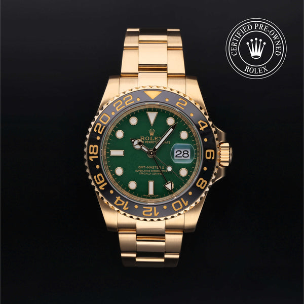 Rolex Certified Pre-owned GMT II M116718LN-0002 front on black background