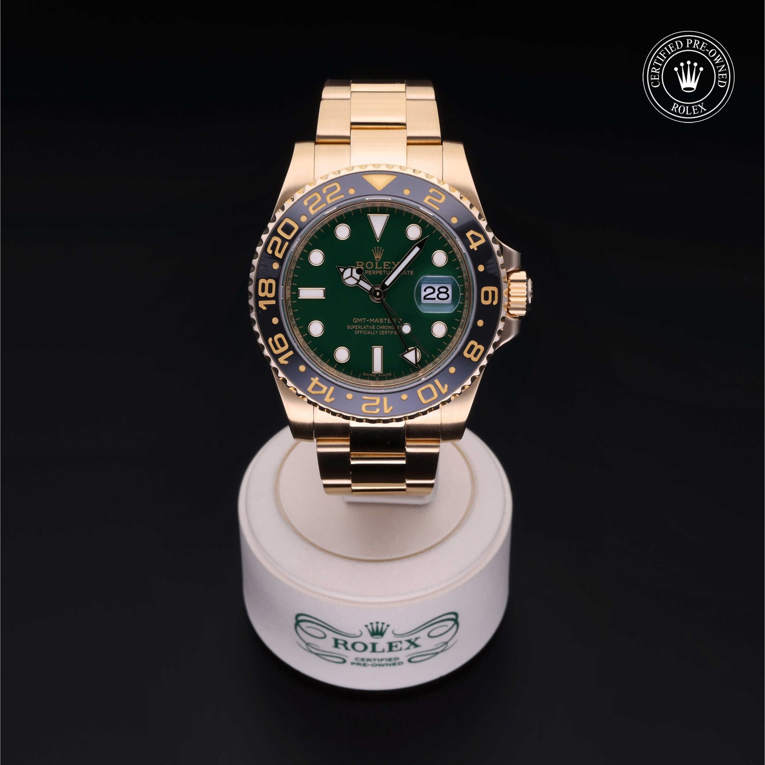 Rolex Certified Pre-owned GMT II M116718LN-0002 front on black background