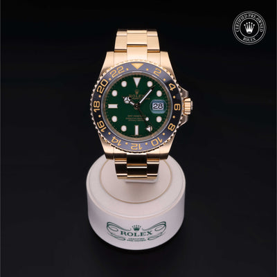 Rolex Certified Pre-owned GMT II M116718LN-0002 front on black background