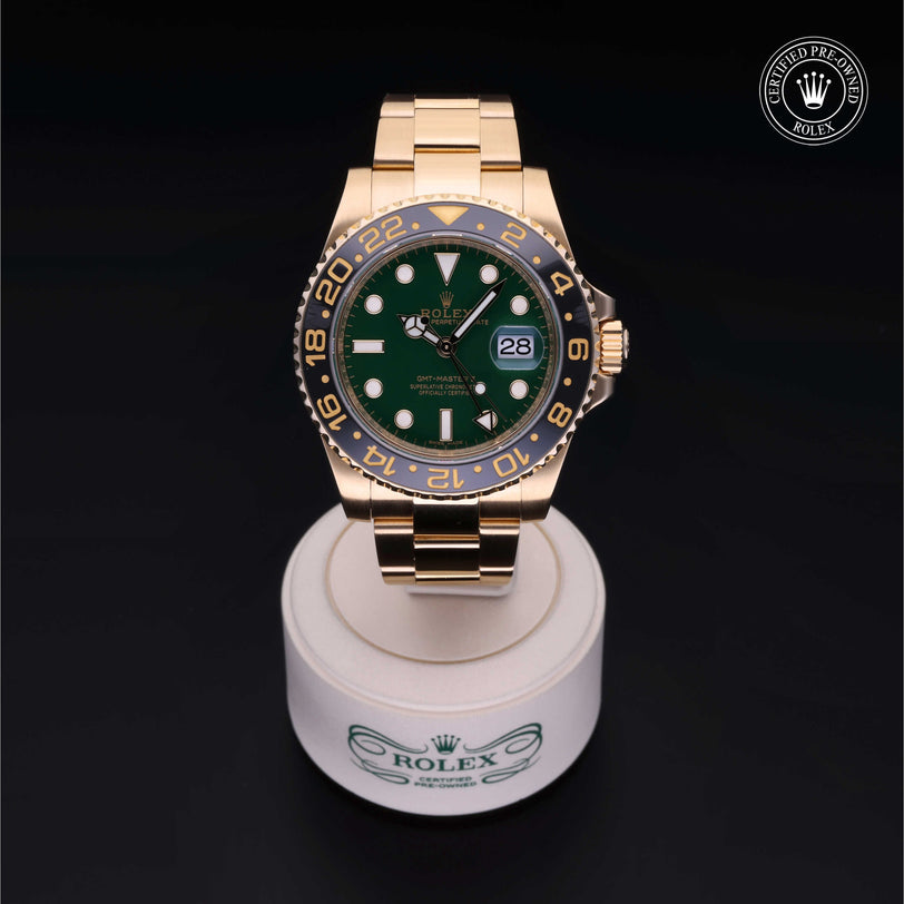 Rolex Certified Pre-owned GMT II M116718LN-0002 front on black background