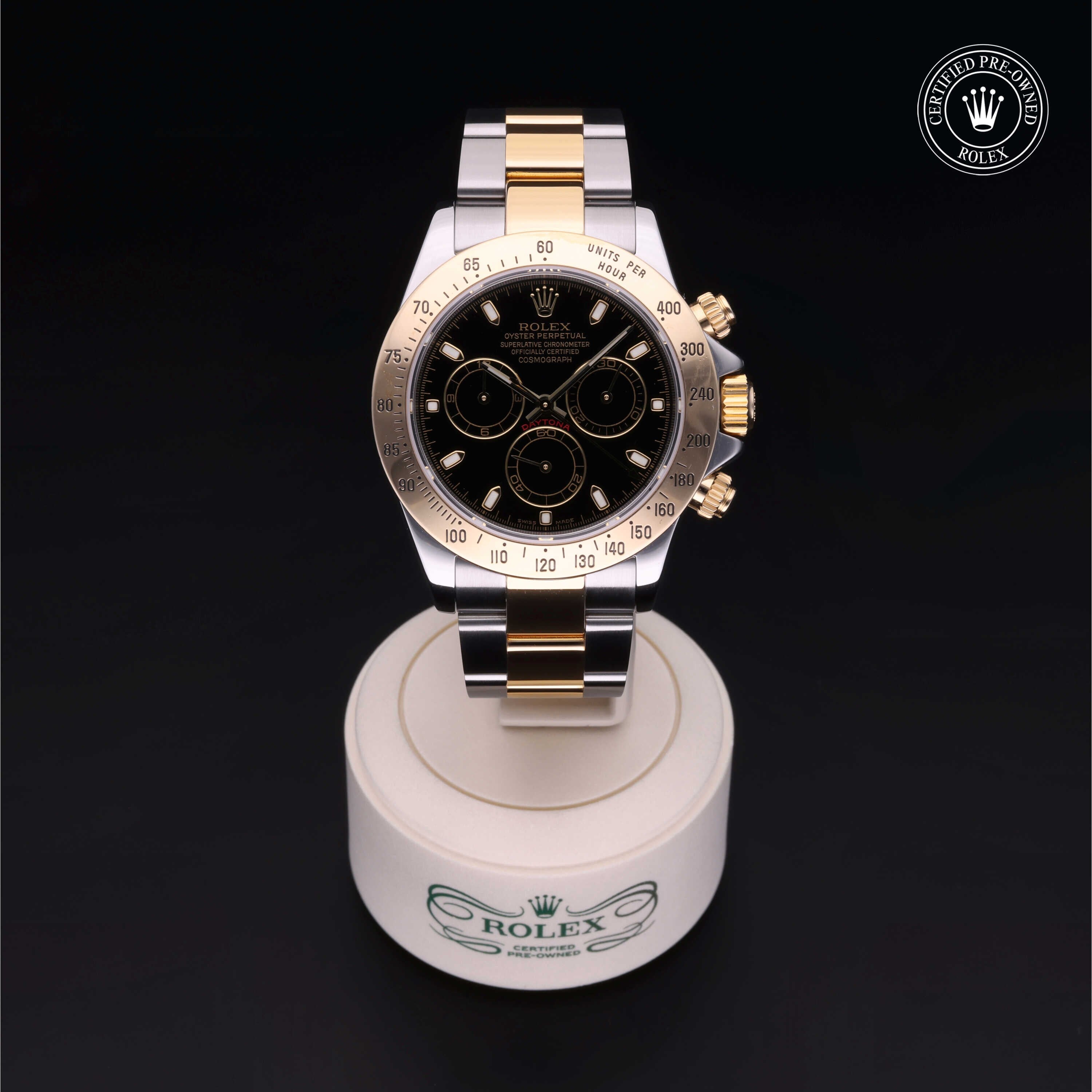 Rolex Certified Pre-owned Daytona M116523-0028 front on black background