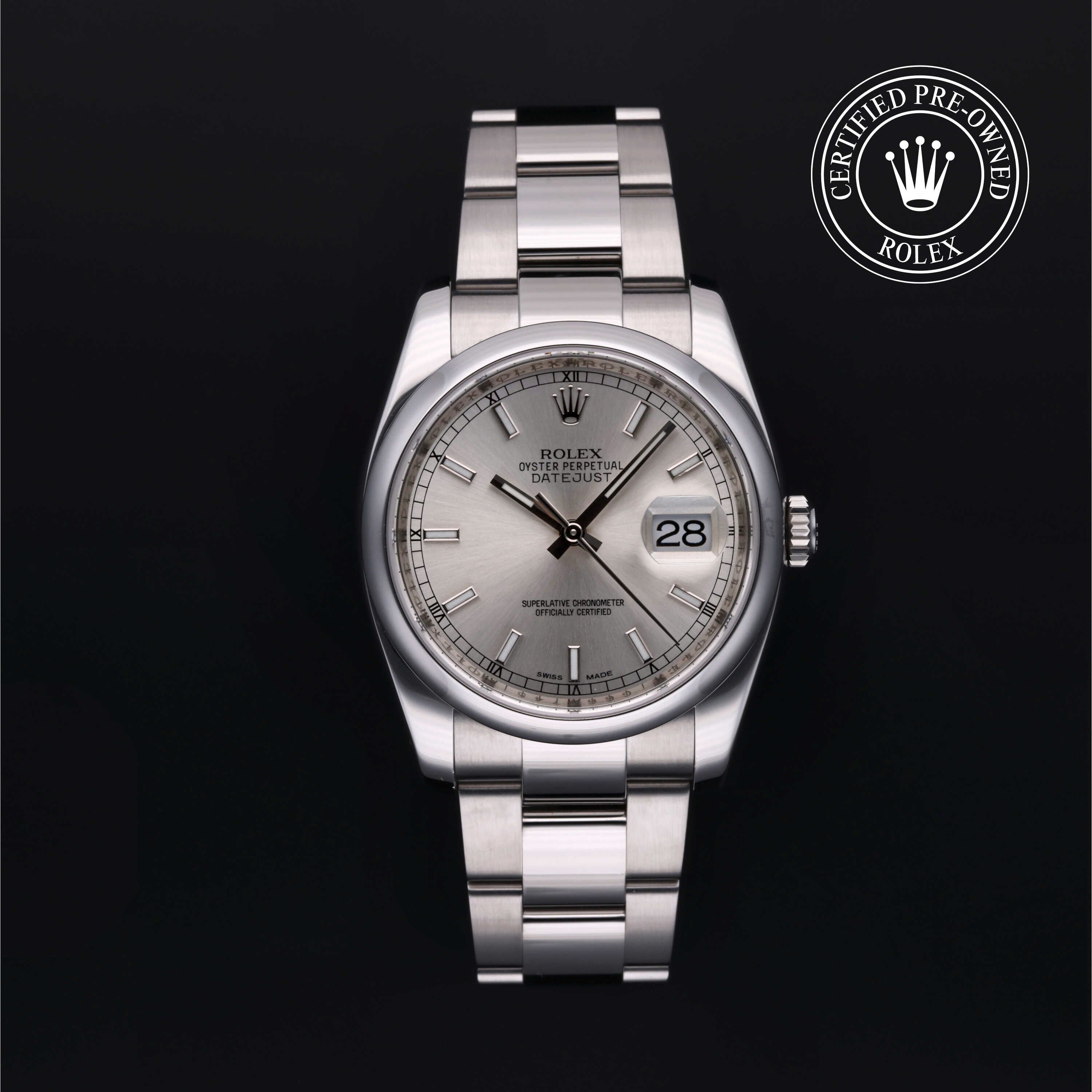 Rolex Certified Pre-owned Datejust M116200-0056 front on black background