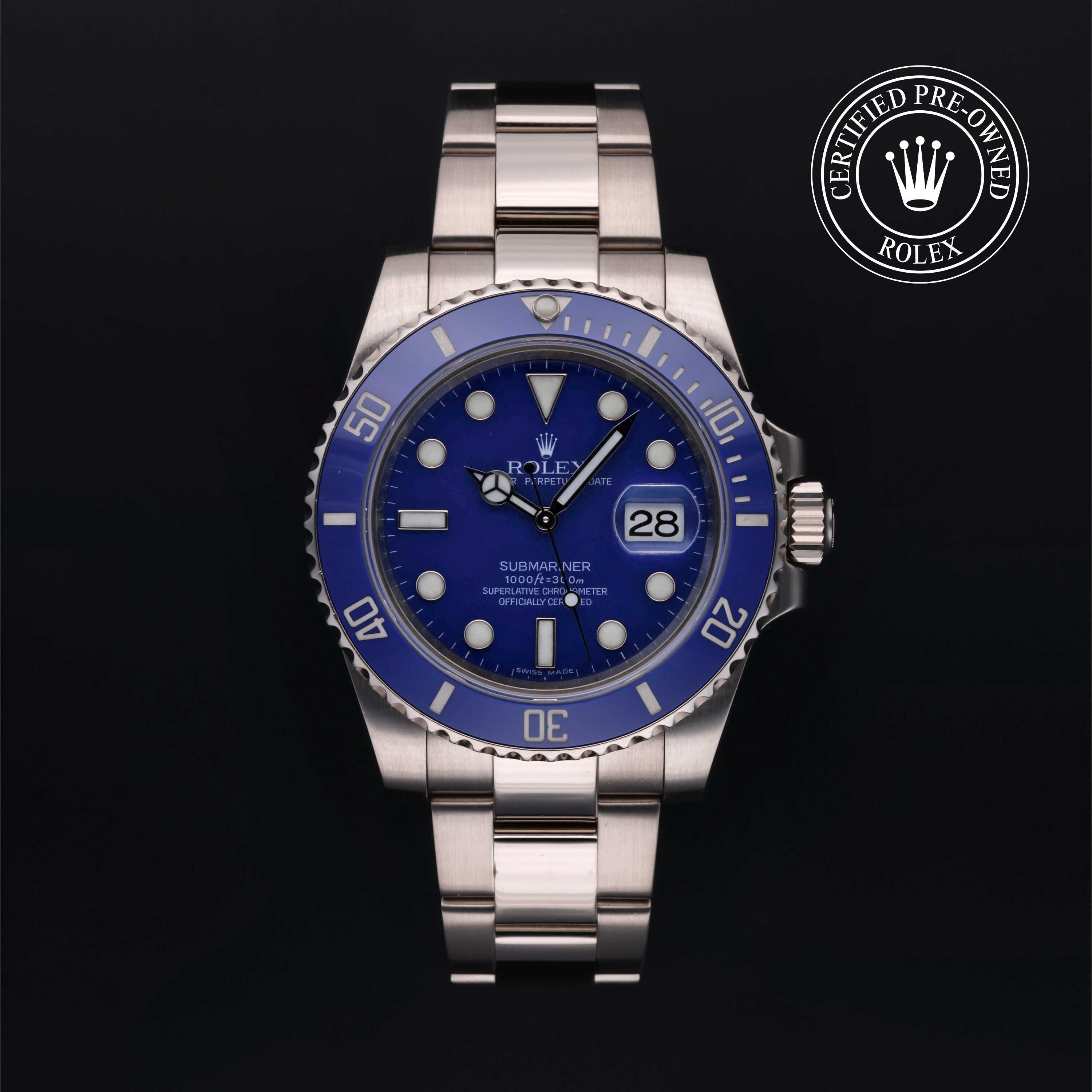 Rolex Certified Pre-owned Submariner Date M116619LB-0001 front on black background