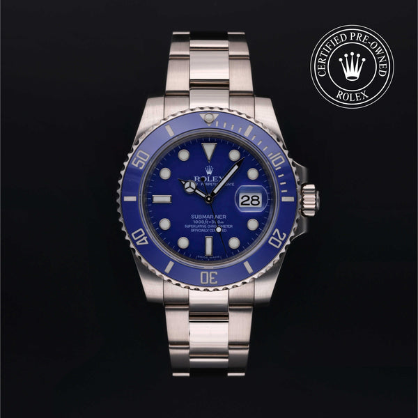 Rolex Certified Pre-owned Submariner Date M116619LB-0001 front on black background
