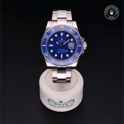 Rolex Certified Pre-owned Submariner Date M116619LB-0001 front on black background