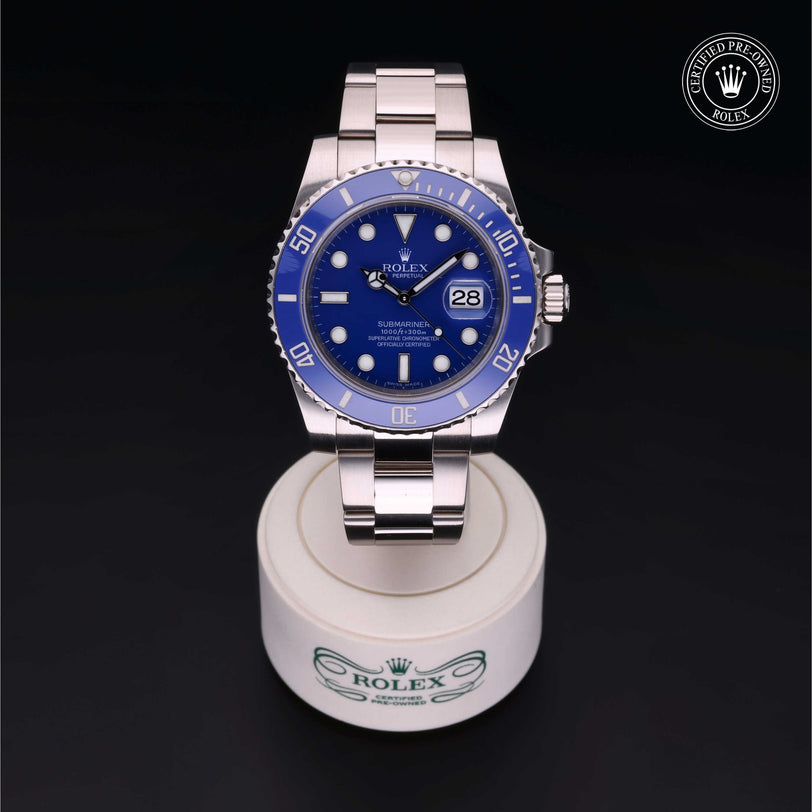 Rolex Certified Pre-owned Submariner Date M116619LB-0001 front on black background