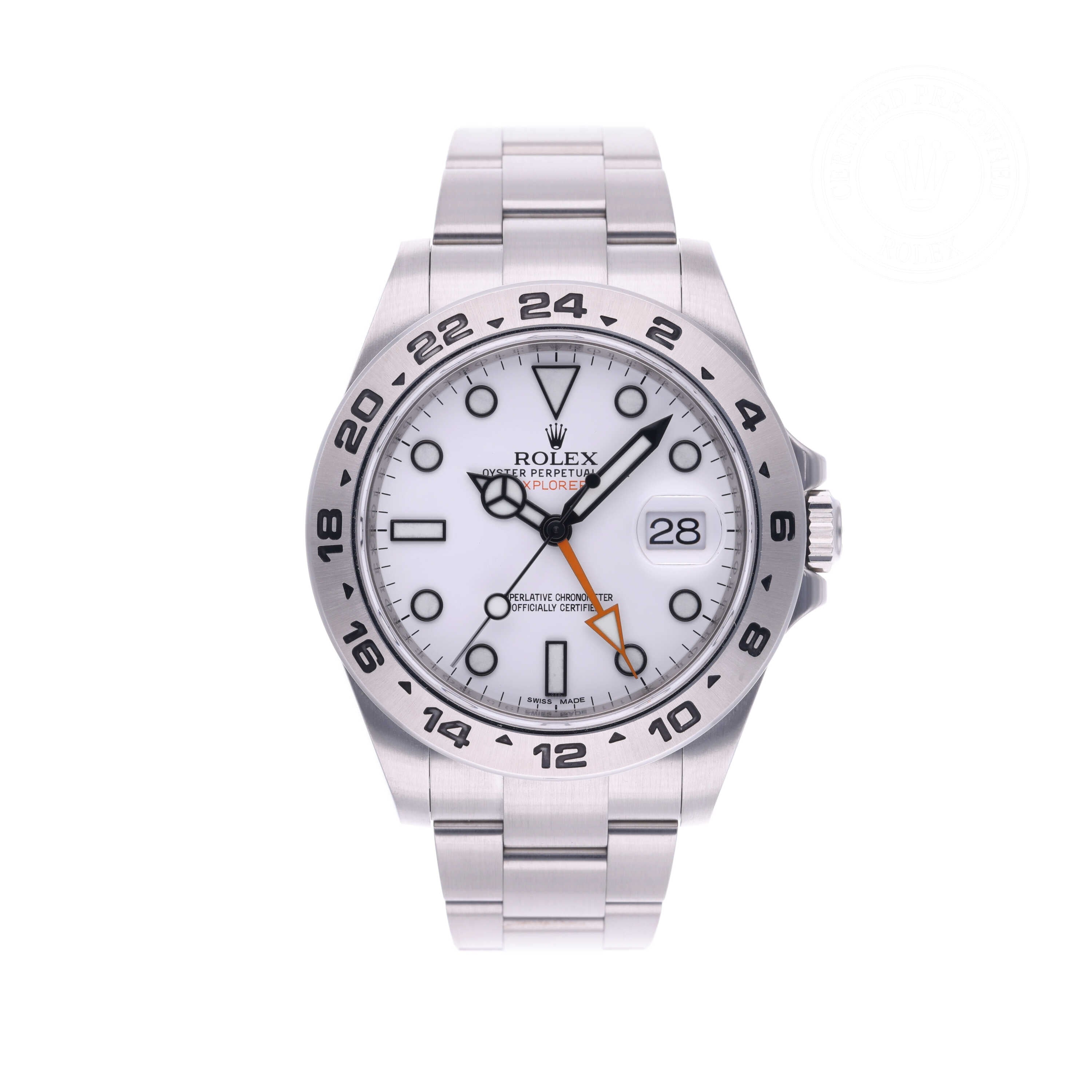 Rolex Certified Pre-owned Explorer II M216570-0001 front on white background