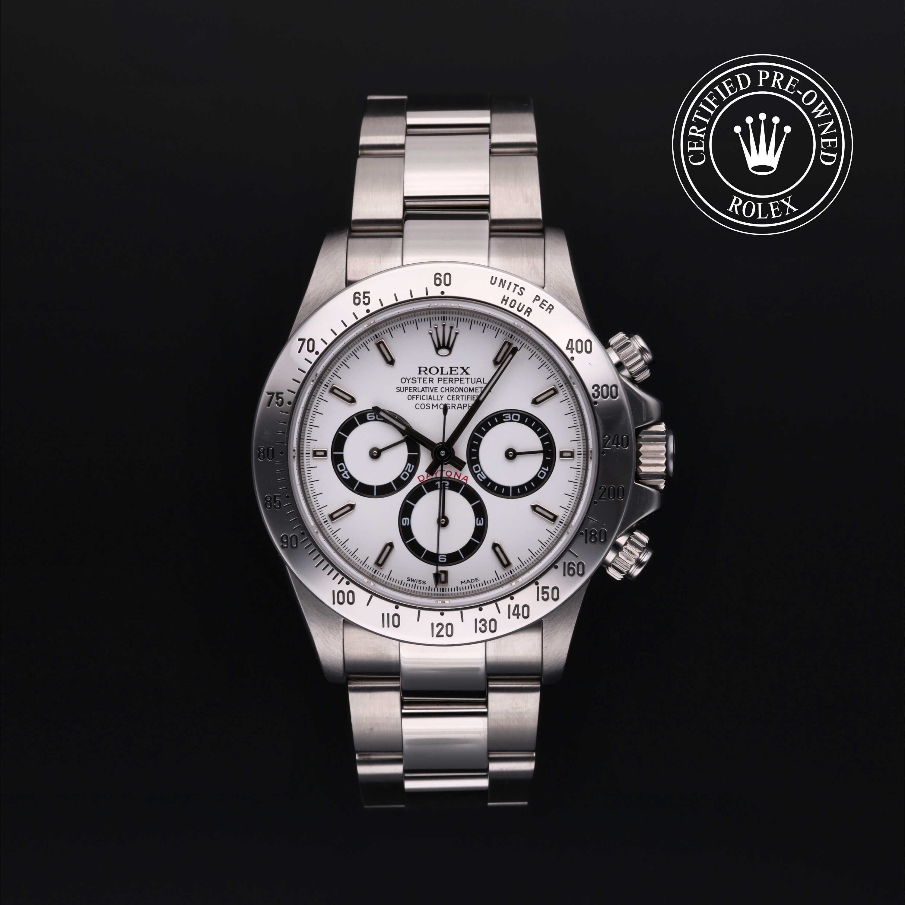 Rolex Certified Pre-owned Daytona M16520-0001 front on black background